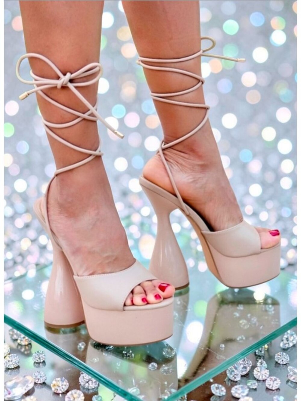 Lace-Up Nude Platform High Heels With Hourglass Block Heel & Open-Toe Design Wom
